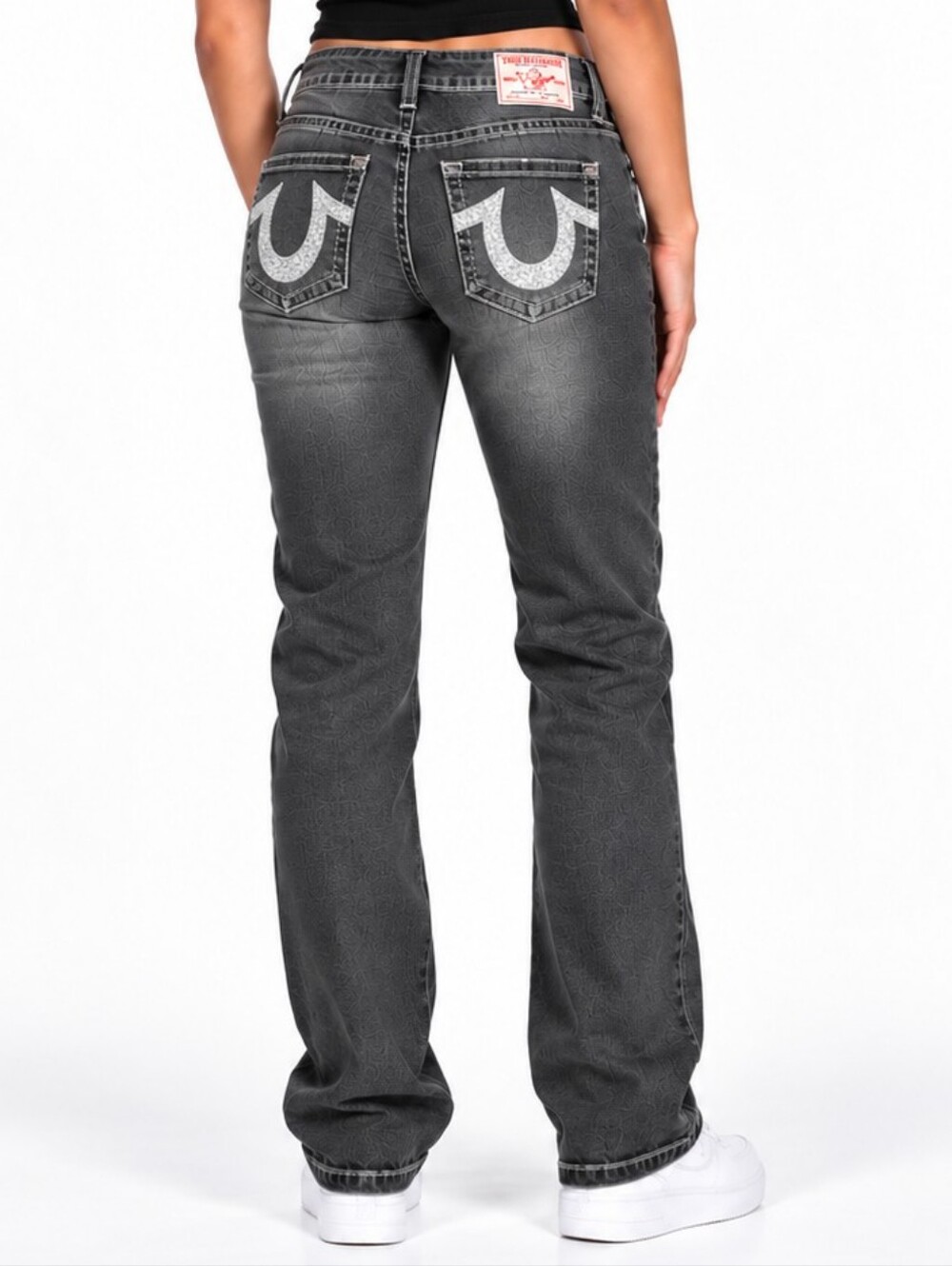 TRUE RELIGION GRAY RICKY STRAIGHT LEG JEANS Silver Glitter Pockets NWT